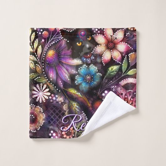 Garden Kitty Cat Floral Abstract Personalized ウォッシュタオル (ウォッシュタオル)