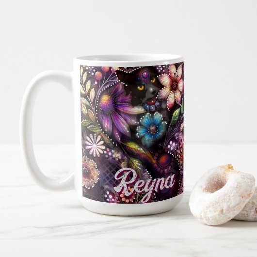 Garden Kitty Cat Floral Abstract Personalized コーヒーマグカップ (ドーナツ)
