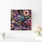 Garden Kitty Cat Floral Abstract Personalized スクエア壁時計 (ホーム)