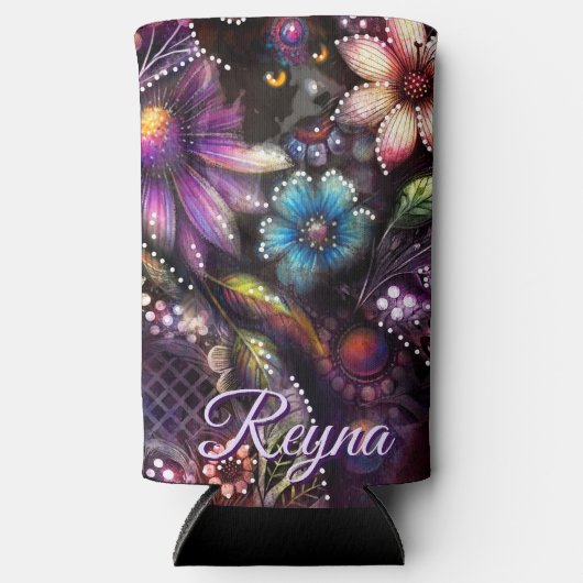 Garden Kitty Cat Floral Abstract Personalized スリム缶クーラー (正面)