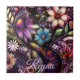 Garden Kitty Cat Floral Abstract Personalized タイル