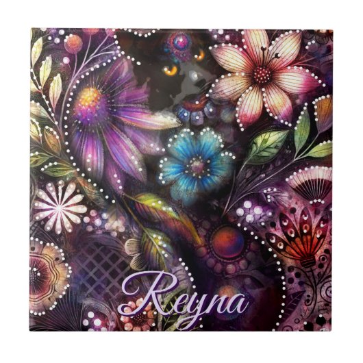 Garden Kitty Cat Floral Abstract Personalized タイル (正面)