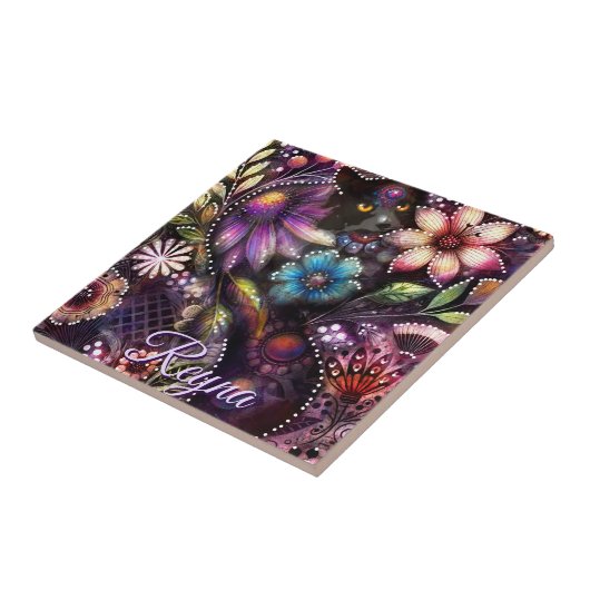 Garden Kitty Cat Floral Abstract Personalized タイル (側面)