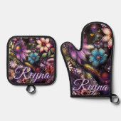 Garden Kitty Cat Floral Abstract Personalized 鍋つかみ&鍋敷きセット (正面)