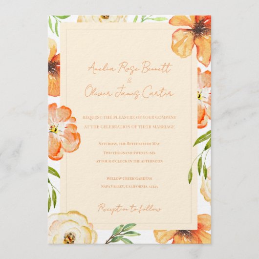 Garden Meadow Soft Peach Floral Wedding Invitation 招待状 (正面)