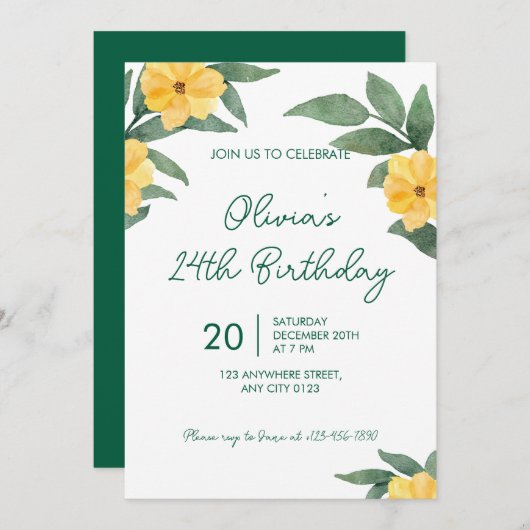 Garden Party Yellow Floral Birthday Invitation 招待状 (正面/裏面)