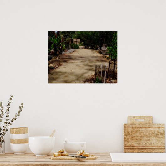 Garden Pathway Wooden Bridge Lush Greenery ポスター (キッチン)