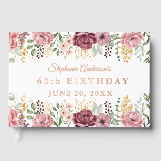 Garden Pink Summer Rose Floral 60th Birthday Foil ゲストブック (正面)