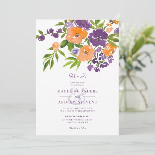 Garden Purple Orange Floral photos Qr code wedding 招待状 (スタンド正面)