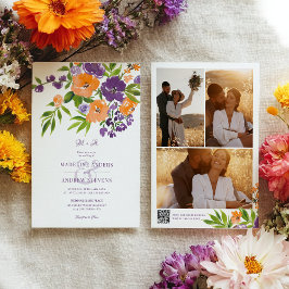 Garden Purple Orange Floral photos Qr code wedding 招待状
