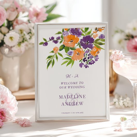 Garden Purple Orange Floral wedding Welcome ポスター