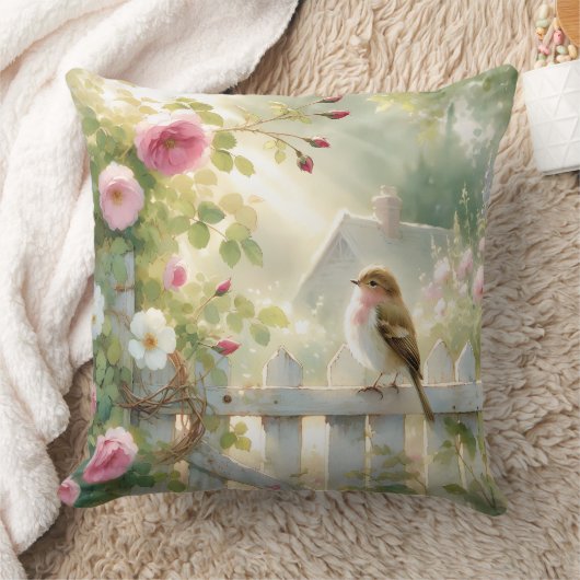 Garden Rose Bird Watercolor Scene クッション (ブランケット)