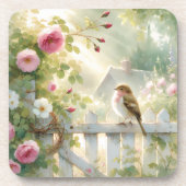 Garden Rose Bird Watercolor Scene コースター (正面)