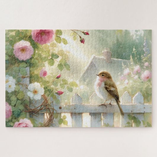 Garden Rose Bird Watercolor Scene ジグソーパズル (横)