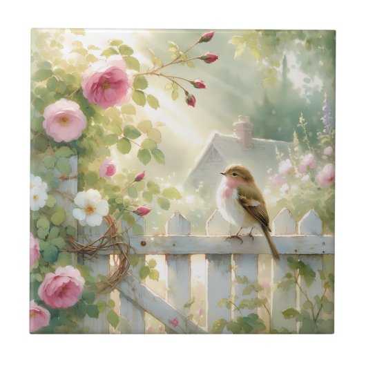 Garden Rose Bird Watercolor Scene タイル (正面)