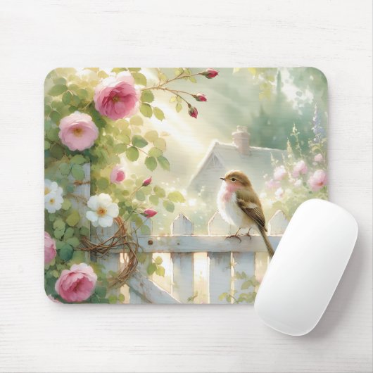 Garden Rose Bird Watercolor Scene マウスパッド (マウス)