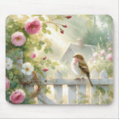 Garden Rose Bird Watercolor Scene マウスパッド (正面)