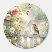 Garden Rose Bird Watercolor Scene マグネット (正面)