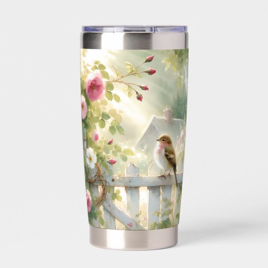 Garden Rose Bird Watercolor Scene 保温保冷タンブラー (正面)