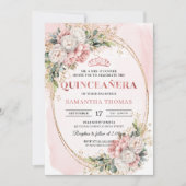 Garden Rose Gold Flowers Greenery 15th Birthday 招待状 (正面)