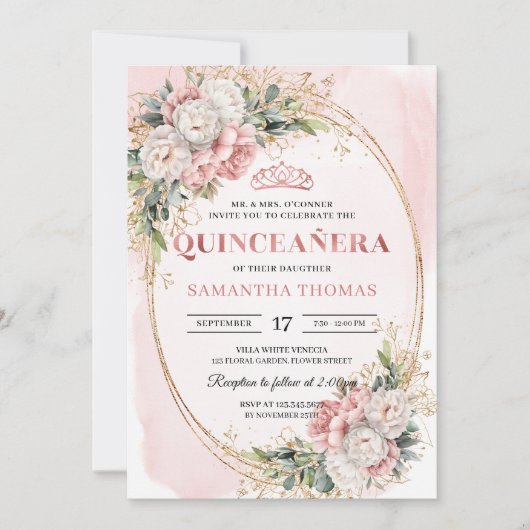 Garden Rose Gold Flowers Greenery 15th Birthday 招待状 (正面)