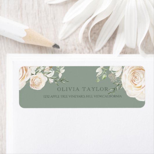 Garden Roses Floral Sage Green Wedding  ラベル (インサイチュ)