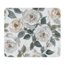 Garden Roses | White Watercolor Floral Vintage カッティングボード