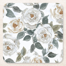 Garden Roses | White Watercolor Floral Vintage スクエアペーパーコースター