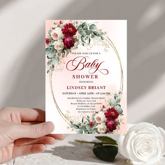 Garden Rustic Burgundy Peonies Baby Shower Invite 招待状
