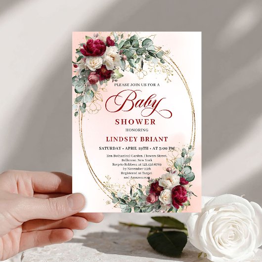 Garden Rustic Maroon Peonies Baby Shower Invitatio 招待状