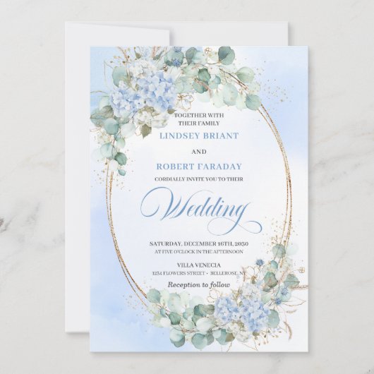 Garden Style Blue Hydrangea Wheat Wedding Invite 招待状 (正面)
