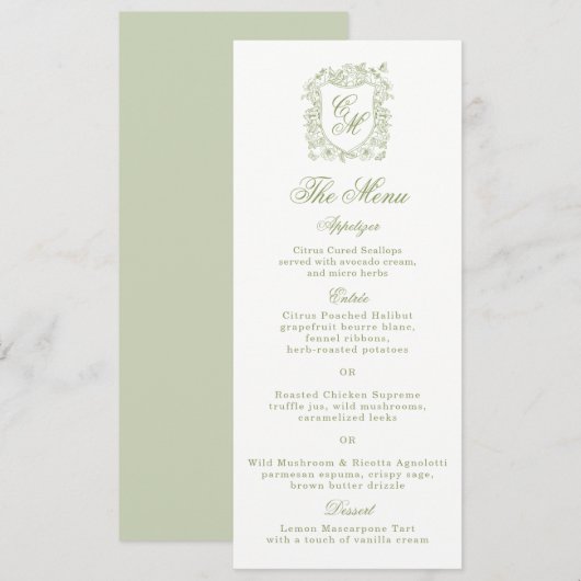 Garden Wedding Sage Green Monogram Crest Menu Card 招待状 (正面/裏面)