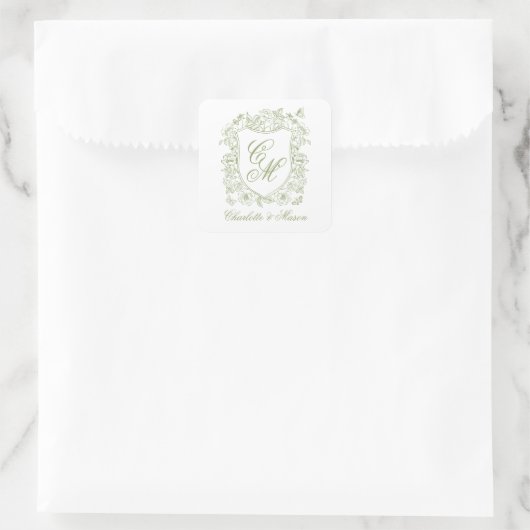 Garden Wedding Sage Green Monogram Crest Sticker スクエアシール (バッグ)