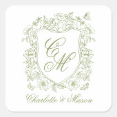 Garden Wedding Sage Green Monogram Crest Sticker スクエアシール (正面)