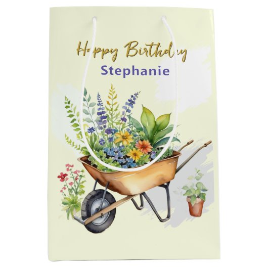 Garden Wheelbarrow Happy Birthday Personalized ミディアムペーパーバッグ (正面)