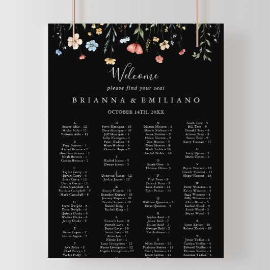 Garden wildflower Black Alphabetical Seating Chart ポスター