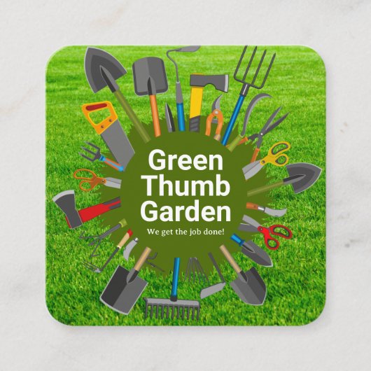 Gardening Tools Variety | Green Grass スクエア名刺 (正面)