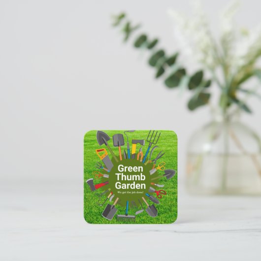 Gardening Tools Variety | Green Grass スクエア名刺 (スタンド正面)