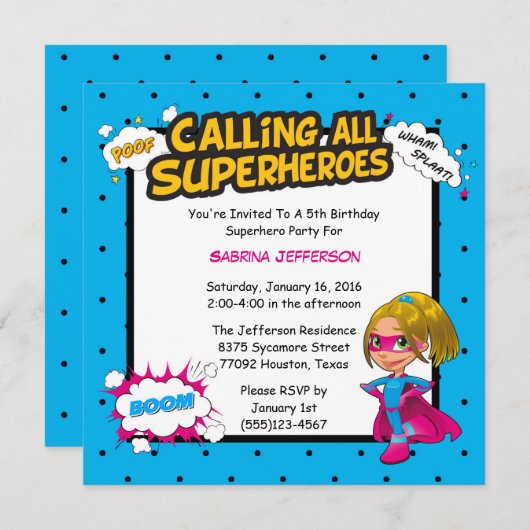 Garl 5x5漫画スーパーヒーロー誕生日パーティーの招待 招待状 (正面/裏面)