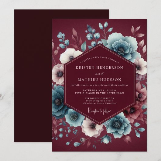 Garnet Slate Moody Bloom Wedding 招待状 (正面/裏面)