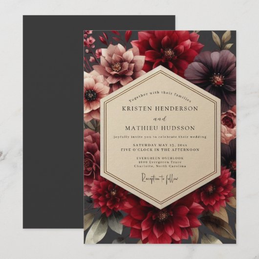 Garnet Sumptuous Dahlia Wedding 招待状 (正面/裏面)