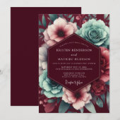 Garnet Teal Moody Bloom Wedding 招待状 (正面/裏面)