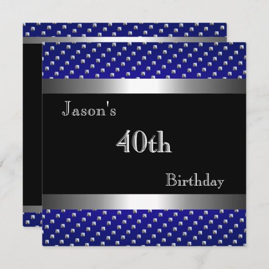GARY - Blue Black Silver Stud 40th Birthday Mans 招待状 (正面/裏面)
