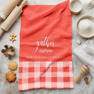 Gather Fall コーラル＆ホワイト・バッファロー・チェック柄 キッチンタオル