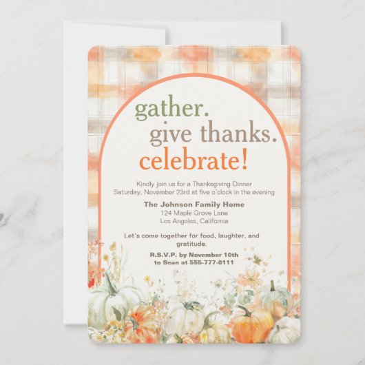 Gather Together Gingham Thanksgiving Invitation 招待状 (正面)