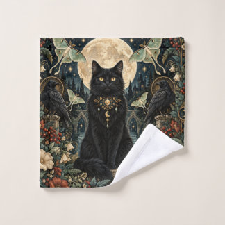 Gato Negro Gótico Celestial con Luna y Cuervos. ウォッシュタオル