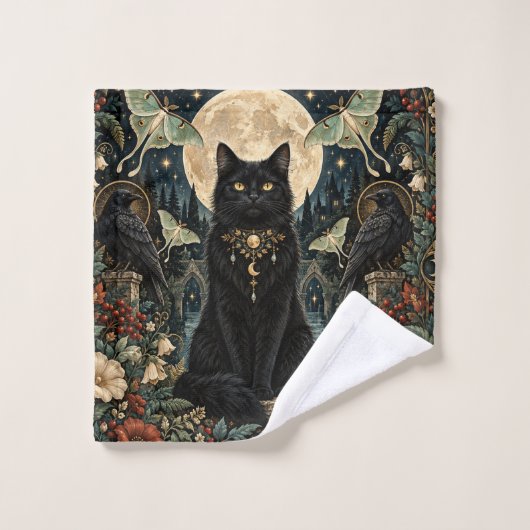 Gato Negro Gótico Celestial con Luna y Cuervos. ウォッシュタオル (ウォッシュタオル)