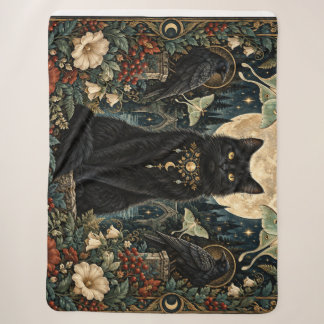 Gato Negro Gótico Celestial con Luna y Cuervos. シェルパブランケット