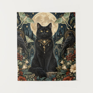 Gato Negro Gótico Celestial con Luna y Cuervos. タペストリー