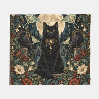 Gato Negro Gótico Celestial con Luna y Cuervos. フリースブランケット